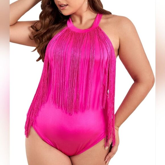 Hot Pink Fringe Trim Halter Neck Sleeveless Solid Bodysuit SIZE XL Plus - Picture 8 of 11